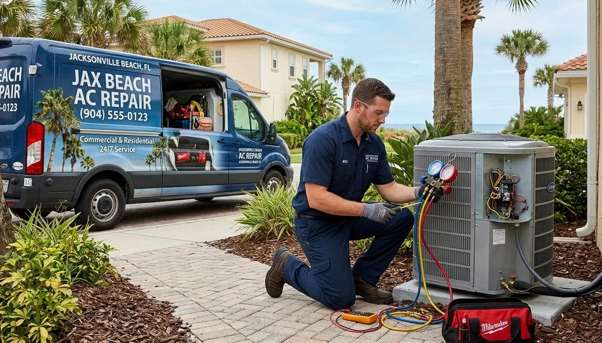 Professional AC repair technician servicing air conditioner in Jacksonville FL home