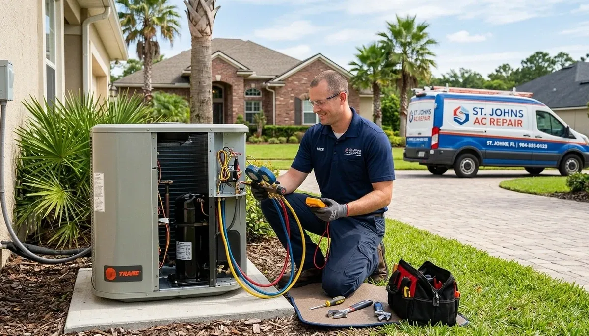 Professional AC repair technician servicing air conditioner in Jacksonville FL home
