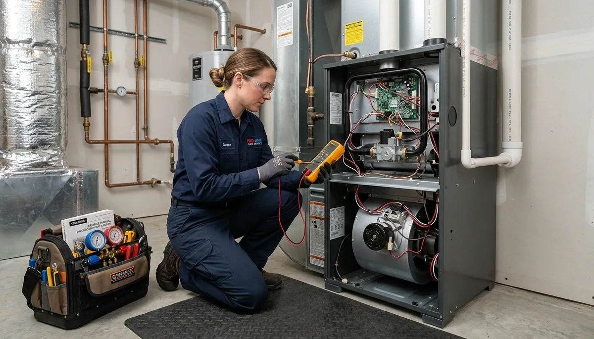 Technician performing heating repair service in Jacksonville FL home for Five Star Cooling